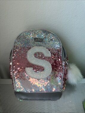 Justice Iridescent Sequin Mini Backpack with Glitter 'S' - Pink
